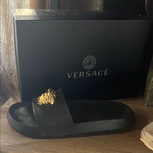Versace Black Slides with Gold Medusa Detail